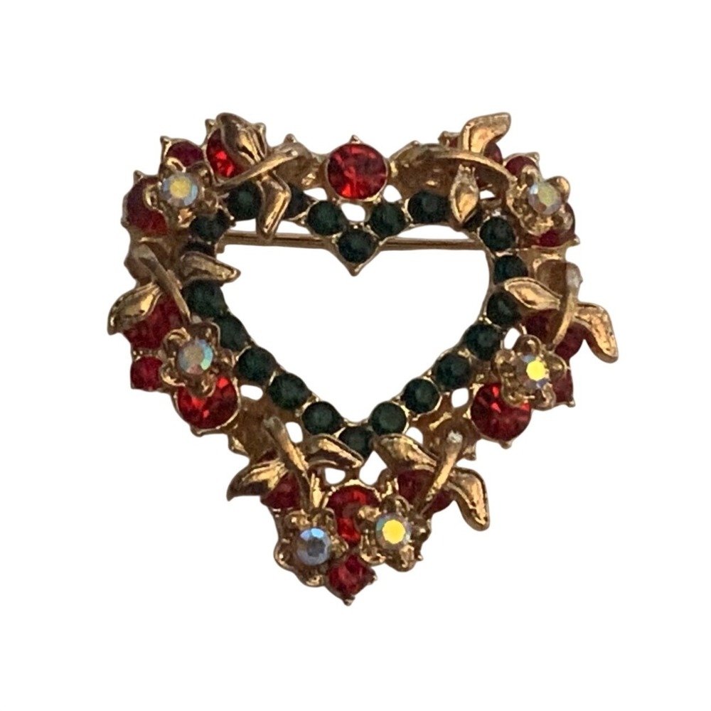 Vintage Gold Tone Heart Brooch Red Green AB Rhinestone Wreath Pin 1.25 Inch